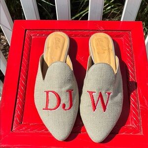 Chatelles Embroidered Linen Slides Size 7.5 ( 38)